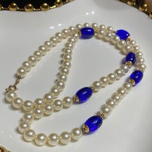 Elegant Pearl Necklace with Cobalt Blue Acrylic Beads